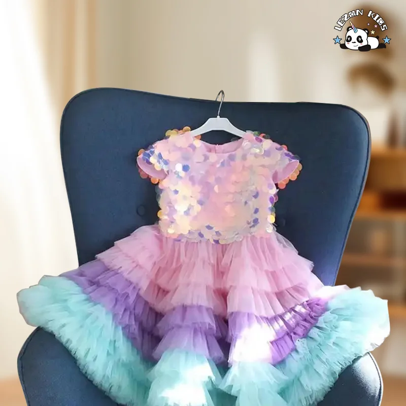 LEZONKIDS - Vestido de menina com lantejoulas e tutu em camadas para aniversário, vestido de princesa fofo e florido